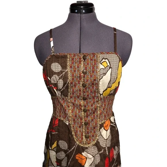 Vtg Y2K Boho Dress Floral Sundress Brown Cotton Ruffle Hem Festival Kenzie M - Picture 2 of 8